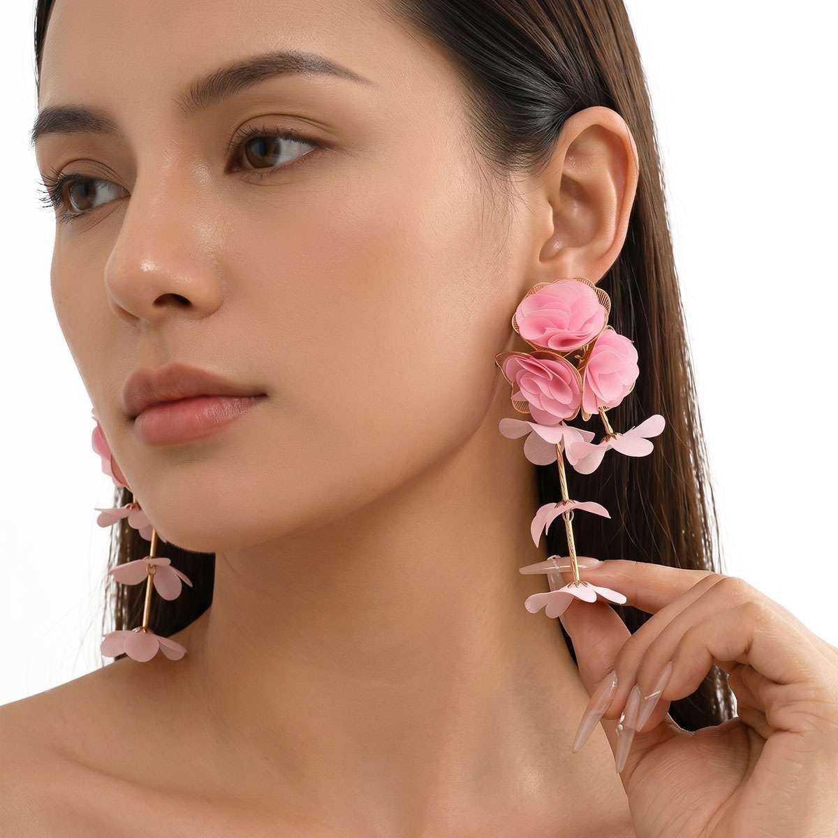 Big Flower Drop Earrings for Women Long Fabric Floral Dangle Earrings Bohem