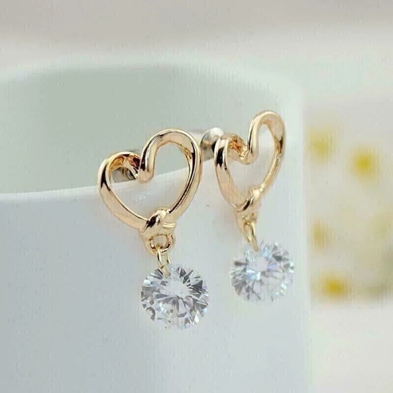 Heart Shape Drop Earrings 2Ct Round Cut Simulated Diamond 14k Yellow Gold Plated