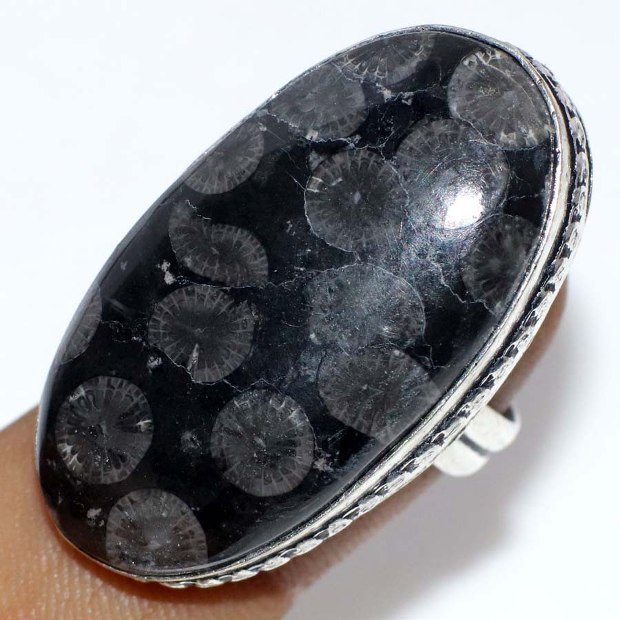 Black Fossil Coral 925 Silver Plated Ring US 6.5 Gifts For Girlfriend JW