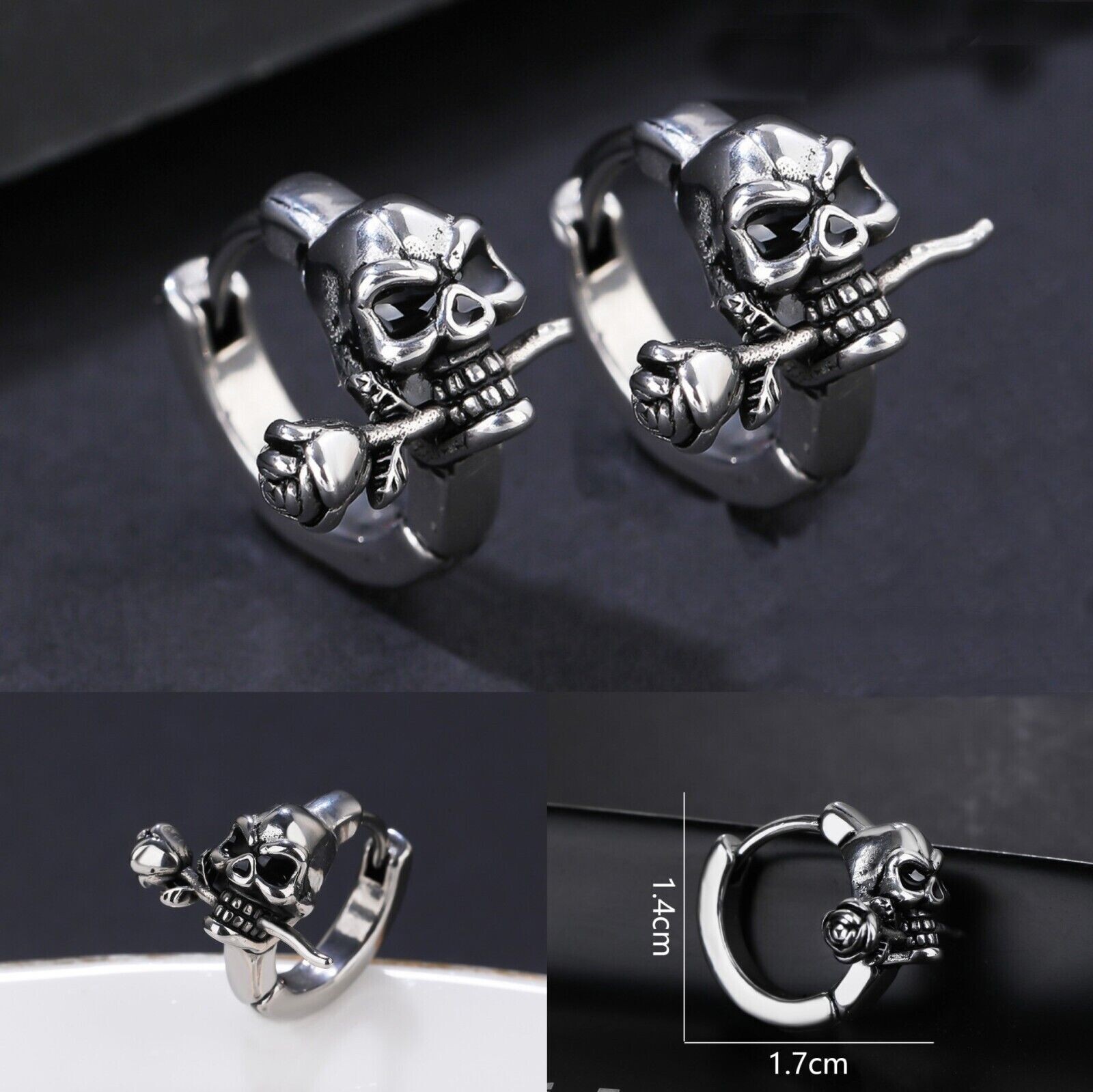Silver Small Skull Huggie Hoop Earrings Men Women Stainless Steel Jewelry Gift