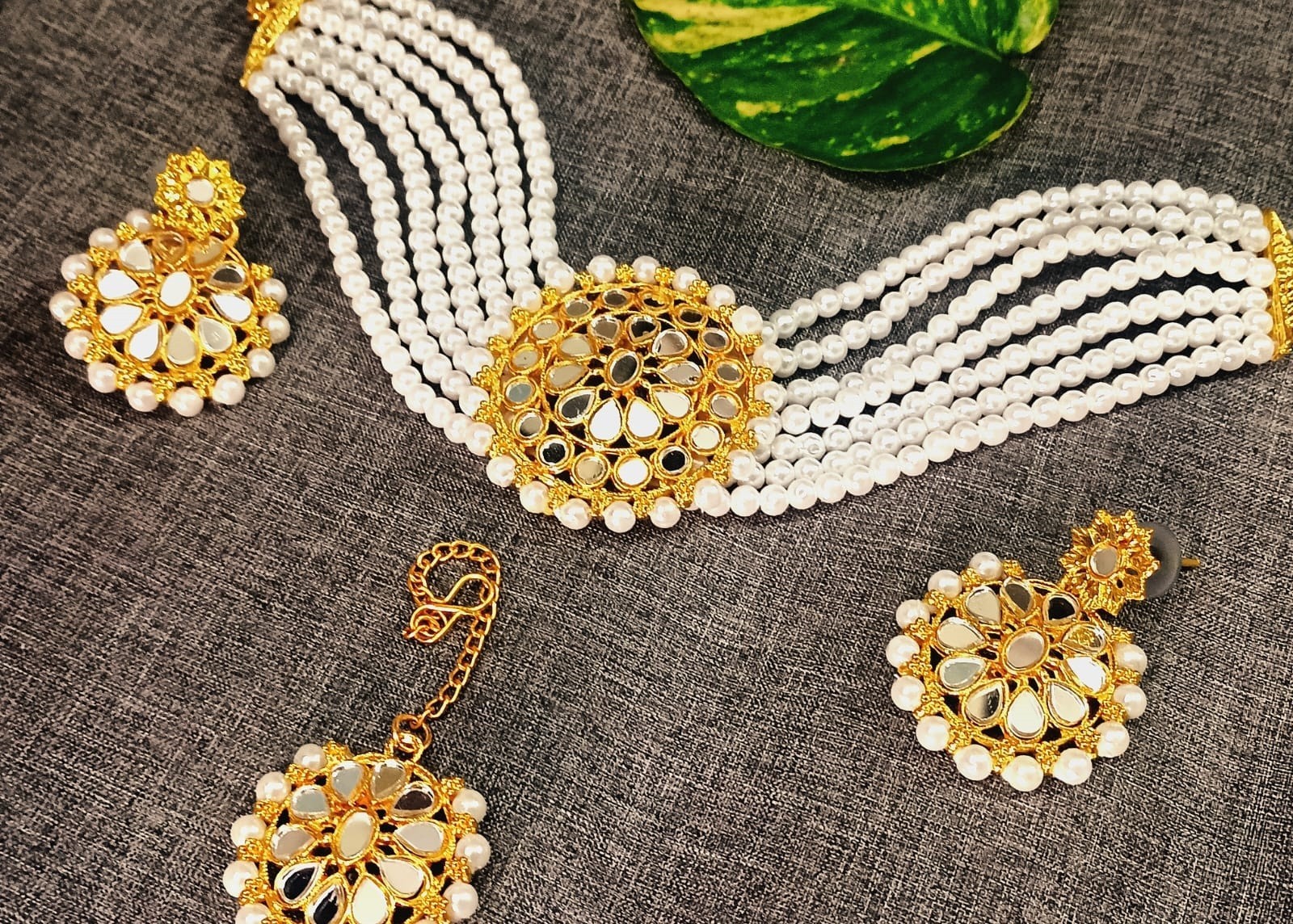 JAYWAR Pearl Mirror Work Choker Set Bridal Wedding Ethnic Jewelry with Tikka