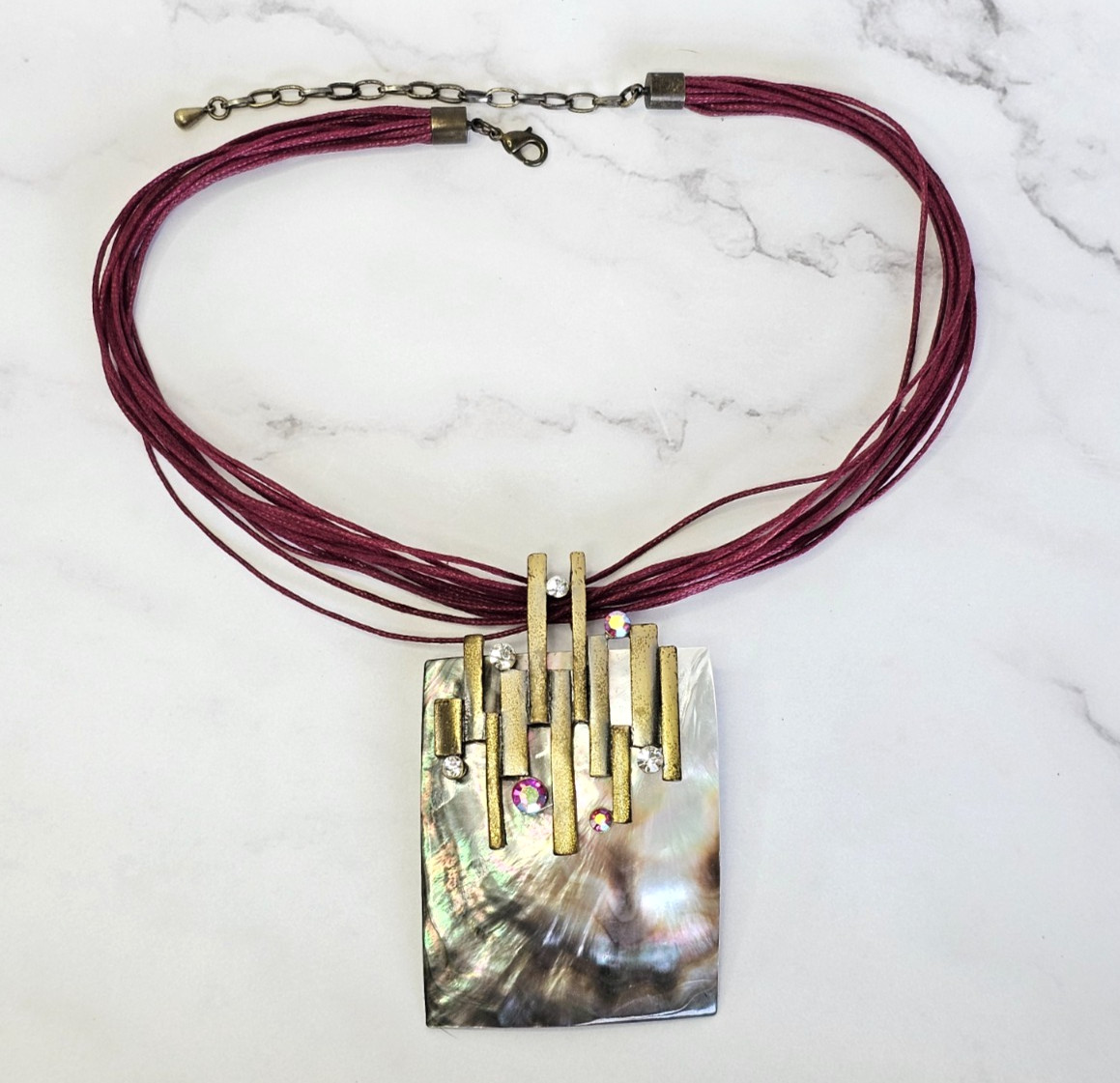 Vintage Abalone Shell Brutalist Maximalist Necklace AB Brass Gems Y2K 2000s
