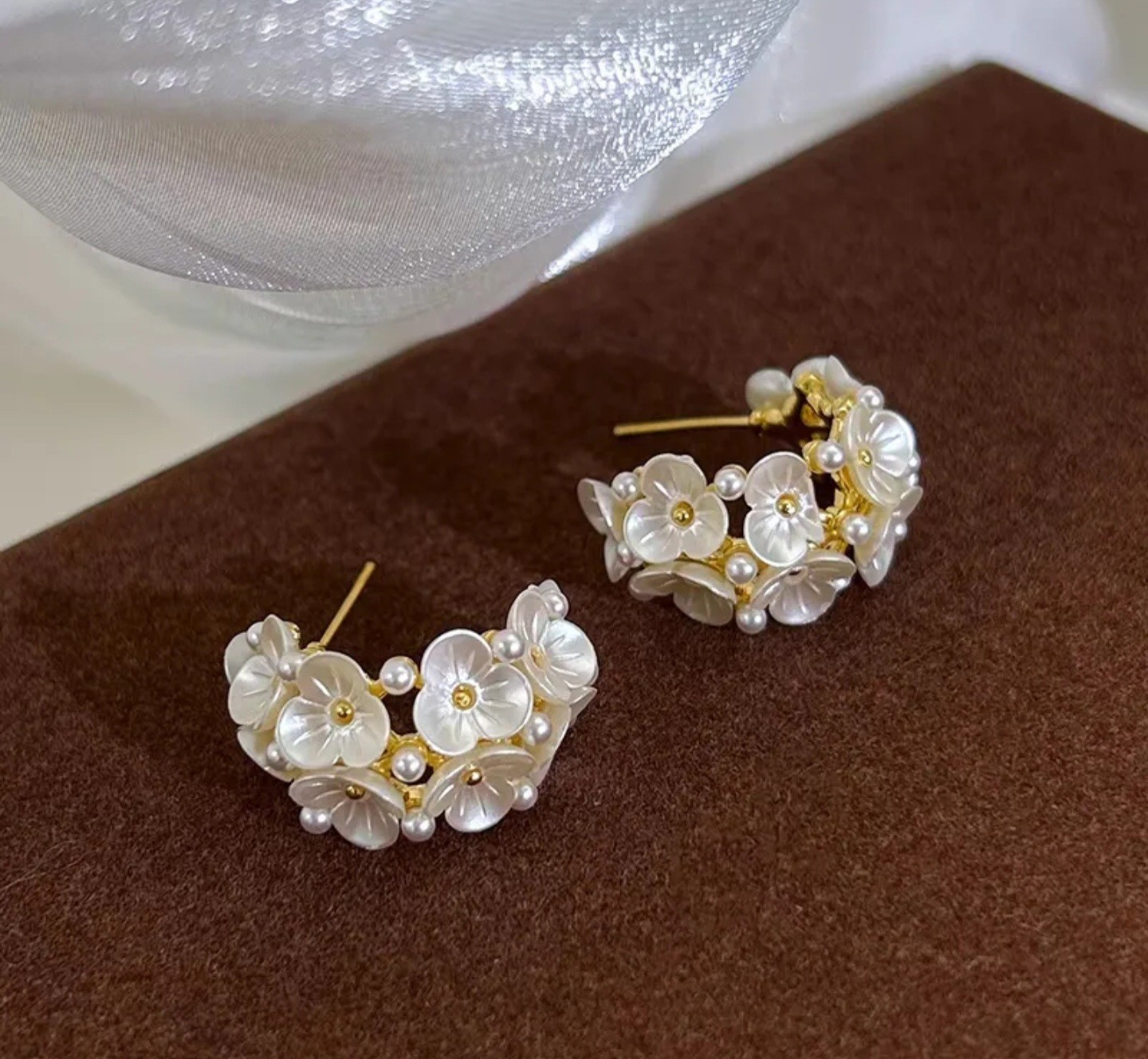 Gold Tone White Floral Flower Stud Hoop Earrings Butterfly Closure