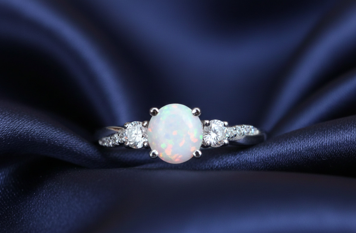 Three Stone Oval Opal Engagement Ring, Sterling Silver,