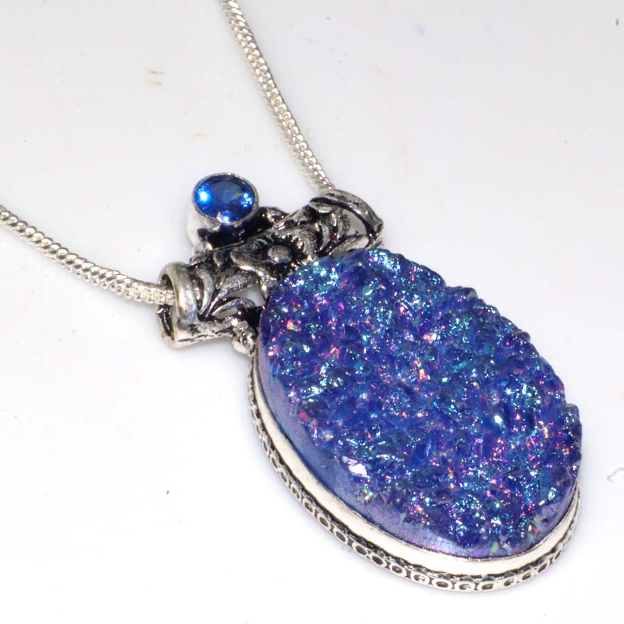 925 Silver Plated Exclusive Purple Titanium Druzy Blue Topaz Necklace 18″ GW