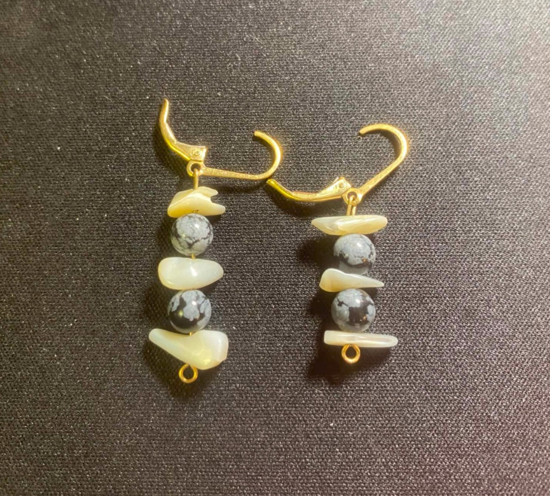 Cowrie Shell and marble Earrings Dangle Beaded Coastal Jewelry closed loop