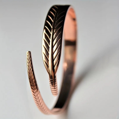 Pure Copper Feather Cuff Bracelet Adjustable Boho Open Bangle Nature Inspired