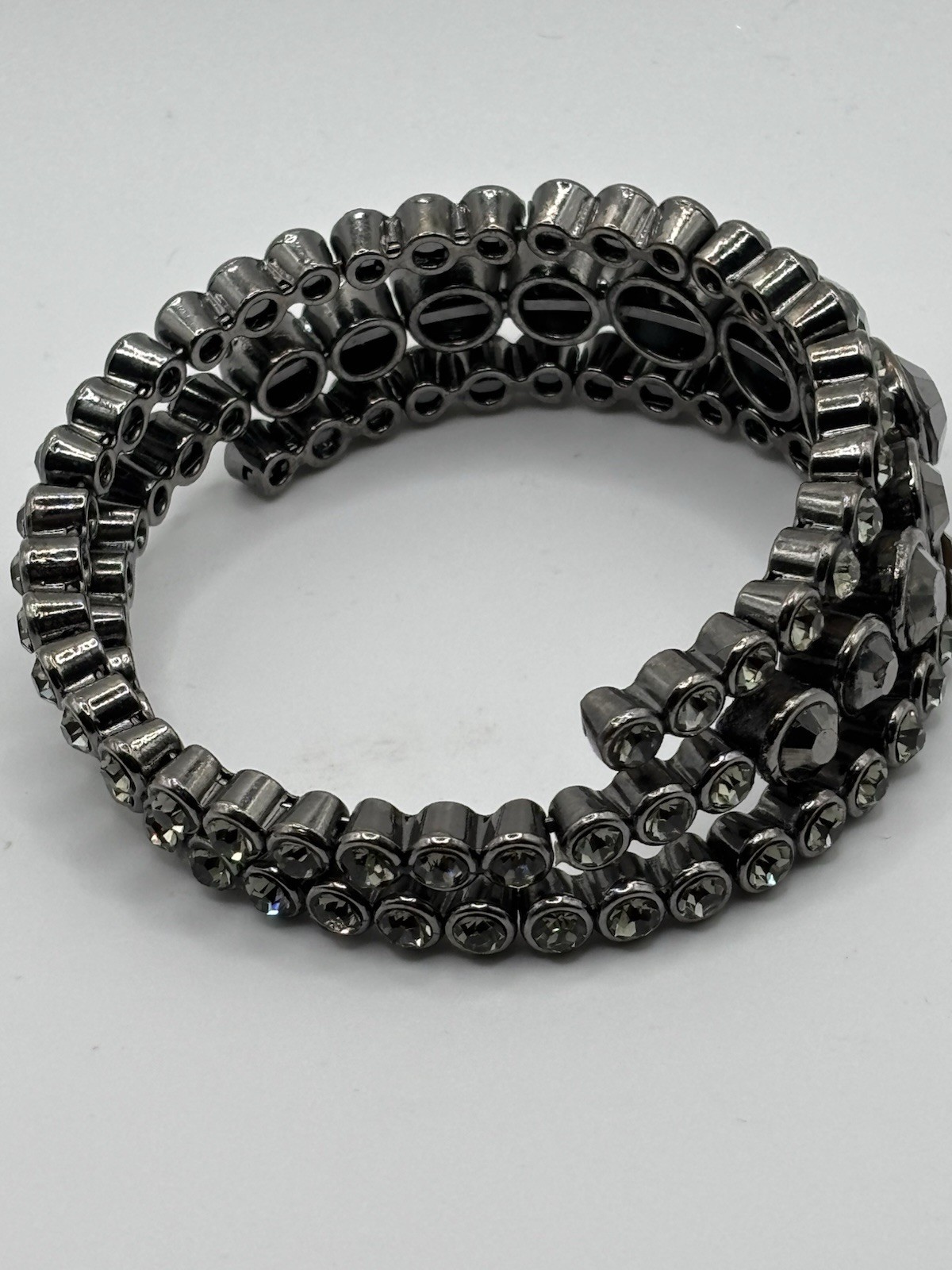 Silver Tone Wrap Coil Bangle Bracelet Gray Round Crystal Bezel Set 7.5in