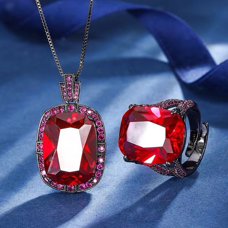 Bold & Elegant: Black Gun-Plated Red Zircon Pendant & Ring Set