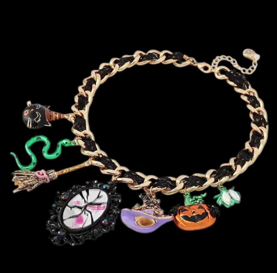 Betsey Johnson Necklace Halloween Pumpkin, Mirror, Cat, Witch Broom ,snake Charm