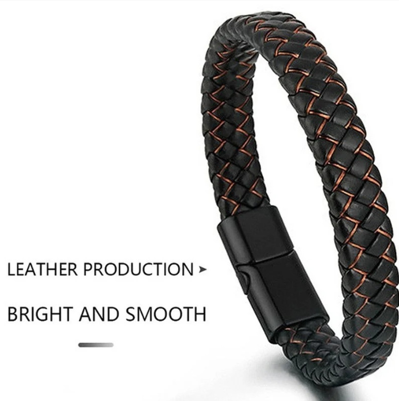 1pcs Black Braided Leather Bracelet for Men with Stainless Steel Magnetic Clasp