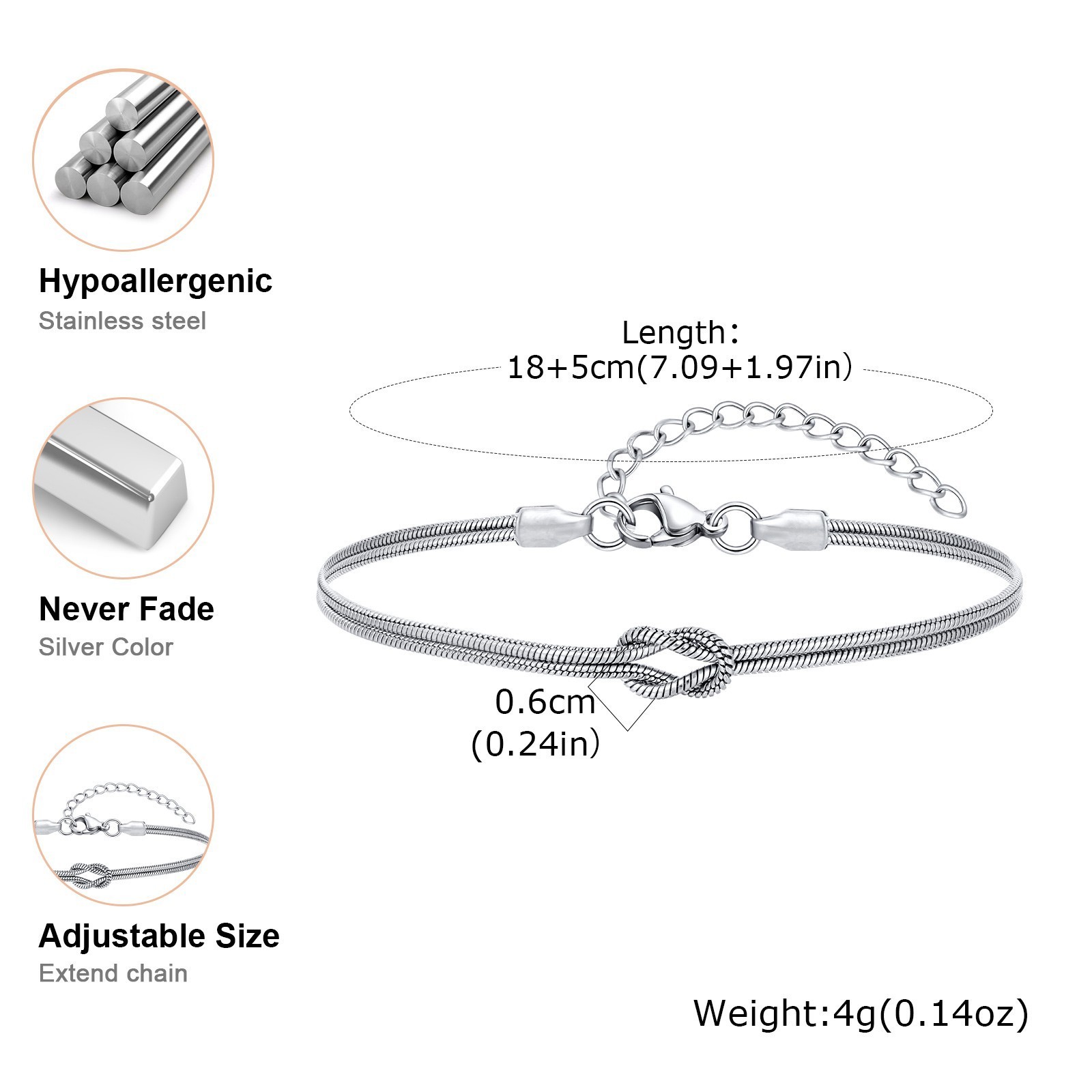 Stainless Steel Knot Double Snake Chain Adjustable Matching Bracelets Unisex