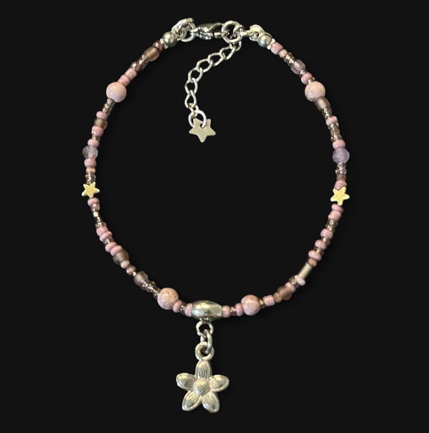 handcrafted stainless steel/purple+pink beaded flower bracelet (21cm length)