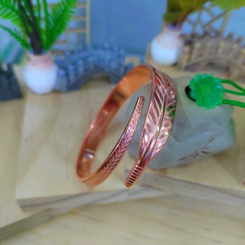 Pure Copper Feather Cuff Bracelet Adjustable Boho Open Bangle Nature Inspired