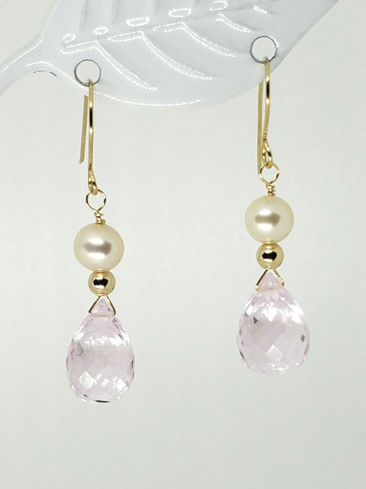 14k Yellow Gold Clear Rose Quartz Briolette and White Pearl Drop Dangle Earrings