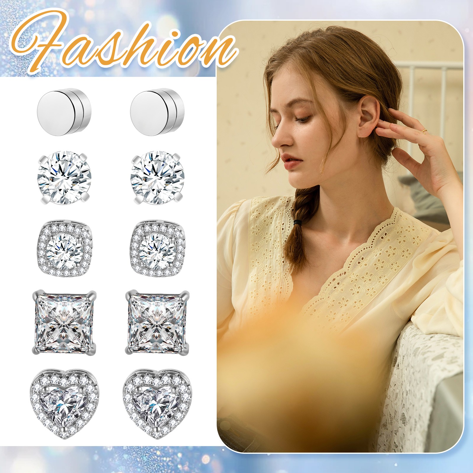5Pairs CZ Stainless Steel Magnetic Earrings Non-Piercing Clip-On Studs Men Women