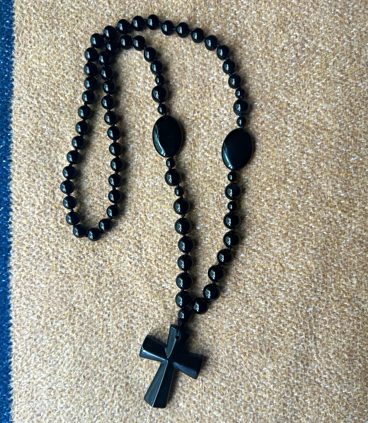 Obsidian Necklace Cross Charm Pendant Rosary 15 in