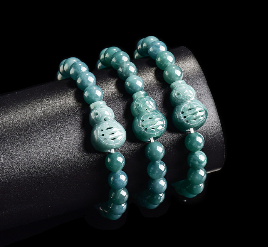 Certified Natural Blue Jade Jadeite Beaded Elastic Stretch Gourd Bracelet
