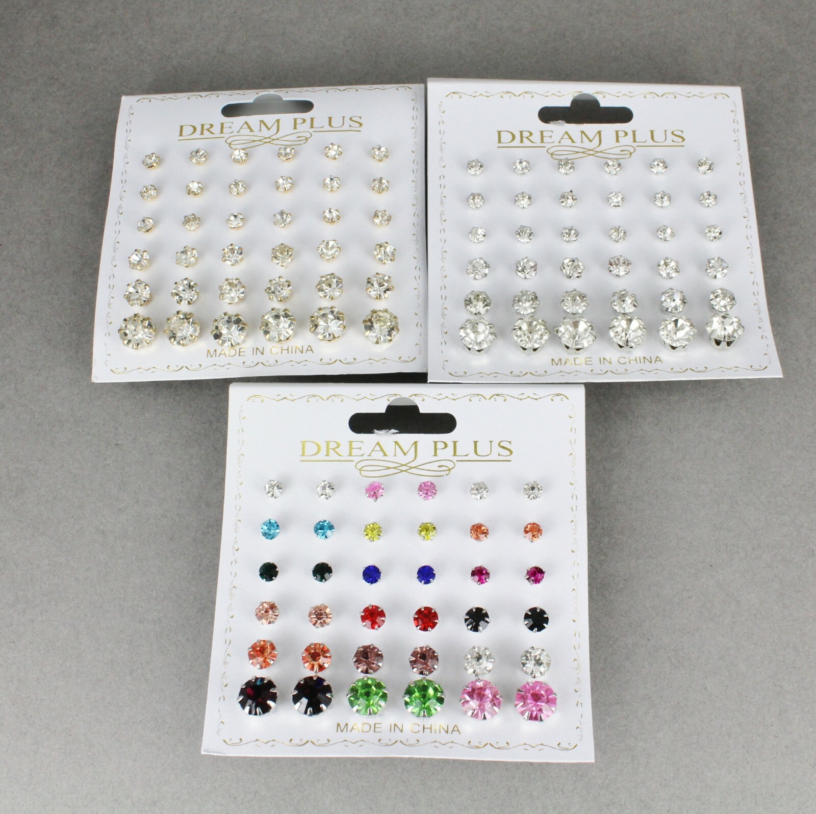 18 pair round faceted stud post crystal earrings graduated size multi color set