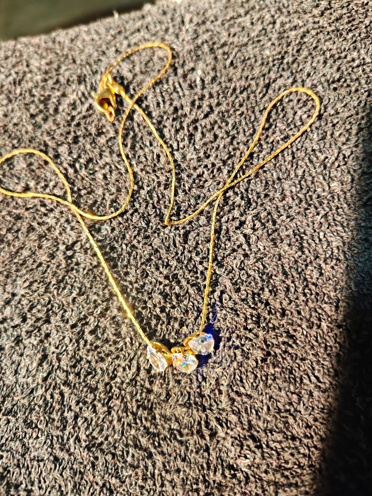 Gold Tone Chain Necklace, 3 Clear Round Crystal Charm Pendant, Rhinestone