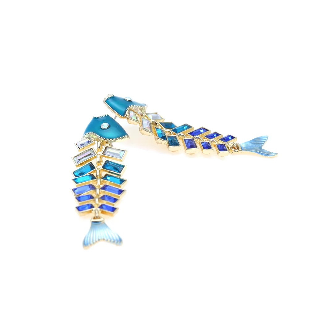 Creative Colored Rhinestone Fishbone Earrings Personality Temperament Splicing A
