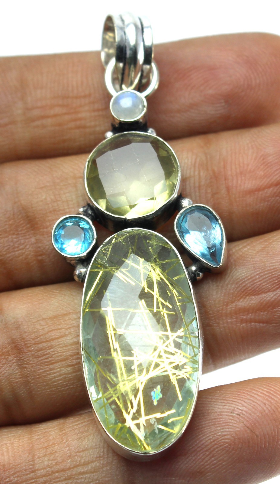 Handmade Sterling Silver Rutilated Quartz Pendant, Blue Topaz & Moonstone