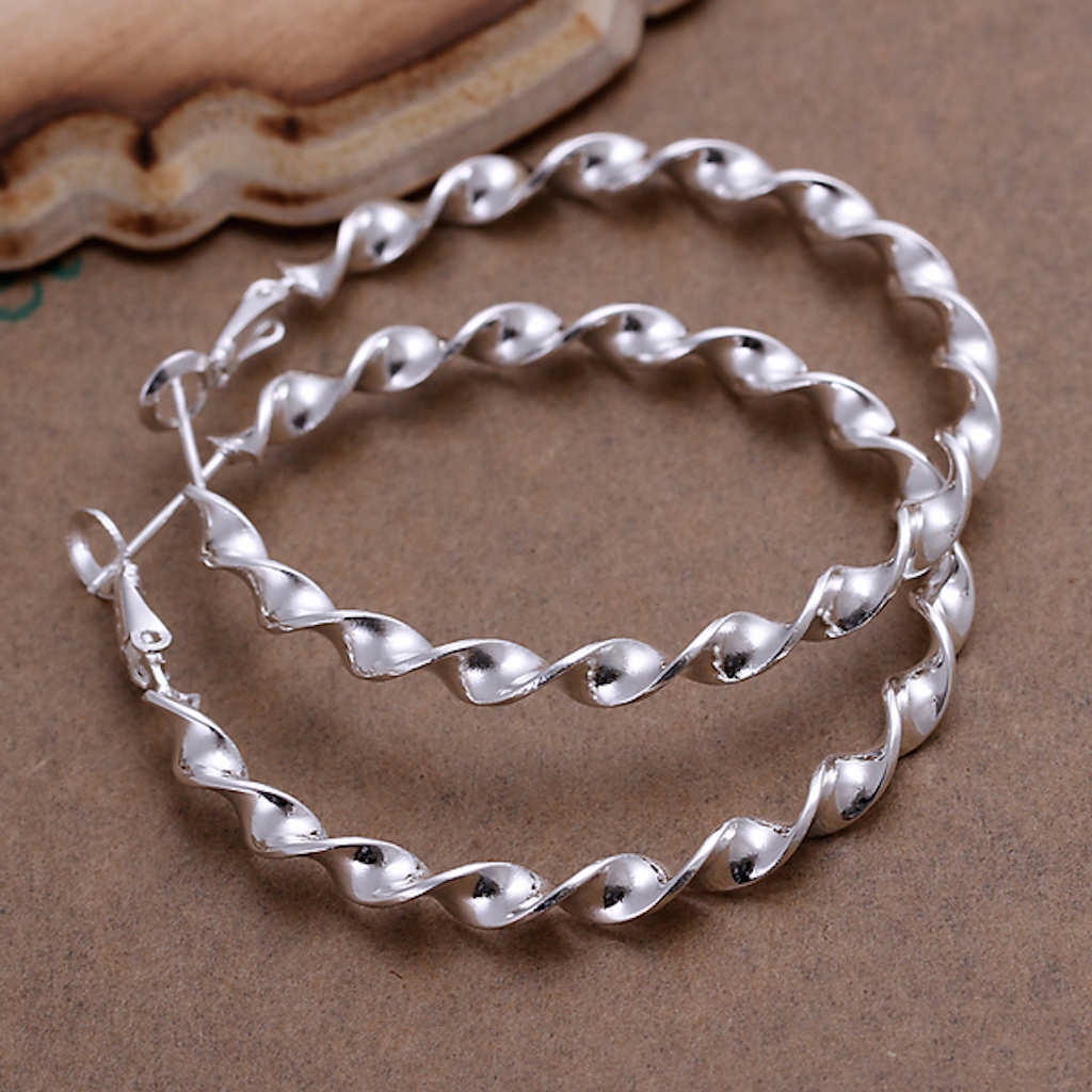 925 Sterling Silver Twisted Hoop Pierced Earrings 2″ Inch L101