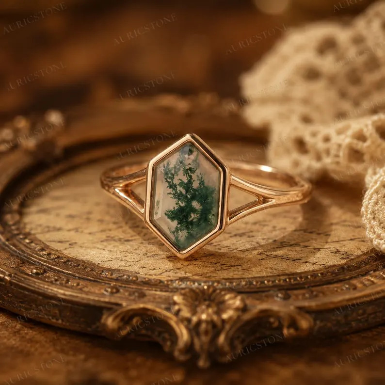 Lab Created Green Moss Agate Ring, Base Metal: Brass Finish: Gold Plated