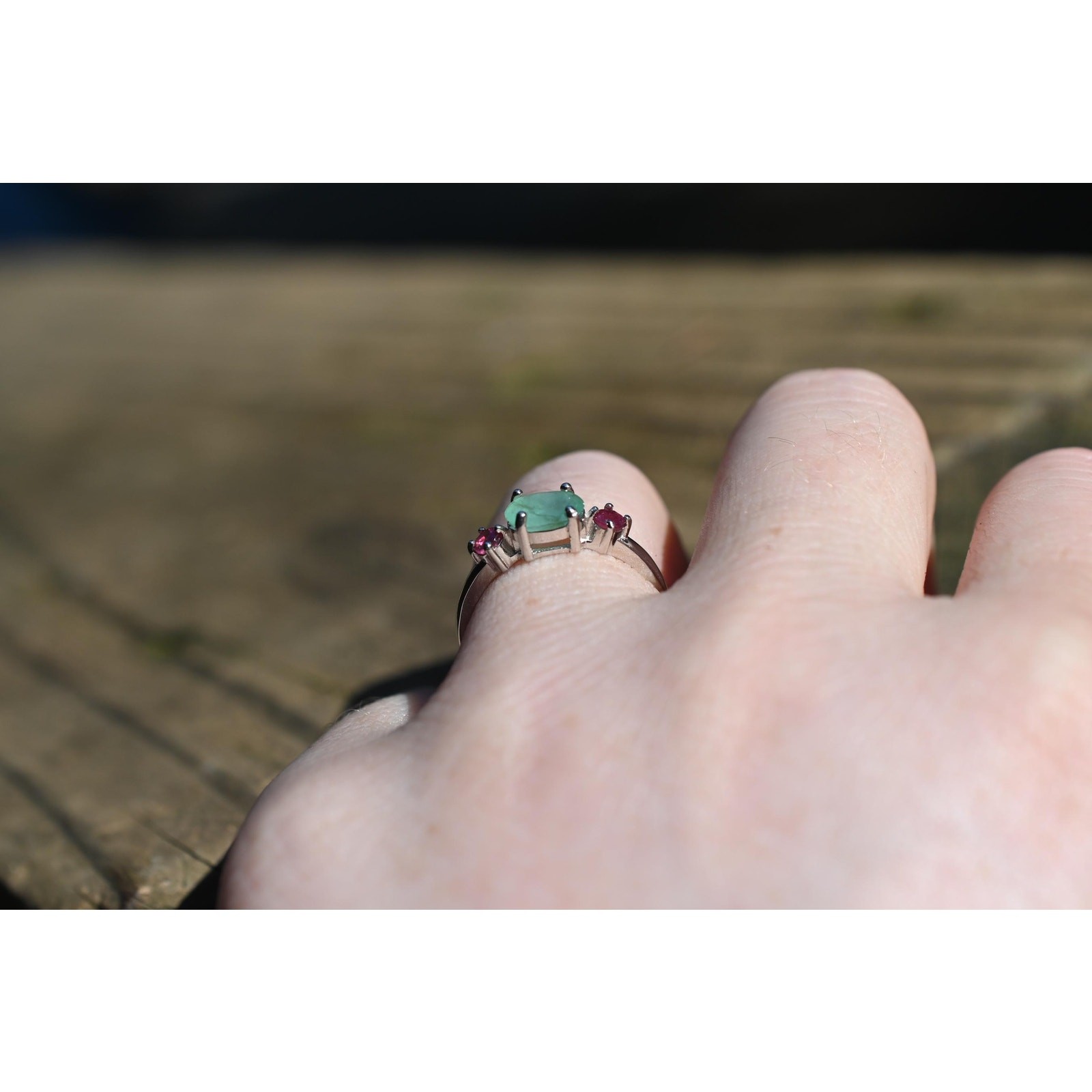 Emerald and ruby engagement ring size 7 in 925 sterling silver