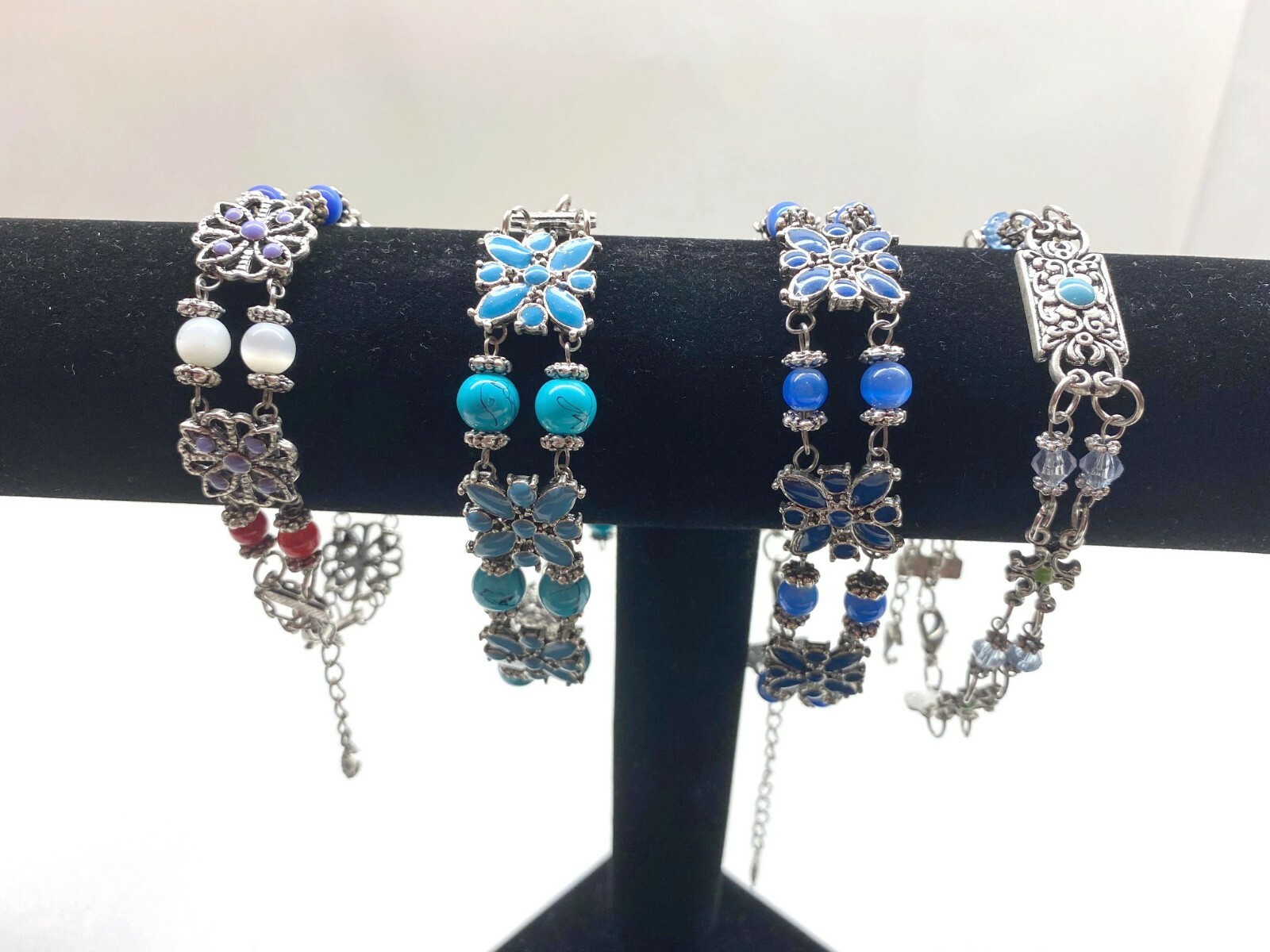 Wholesale Lot of 6 Blue Beaded Bracelet Clasp Non Stretch Multi Woman Silver
