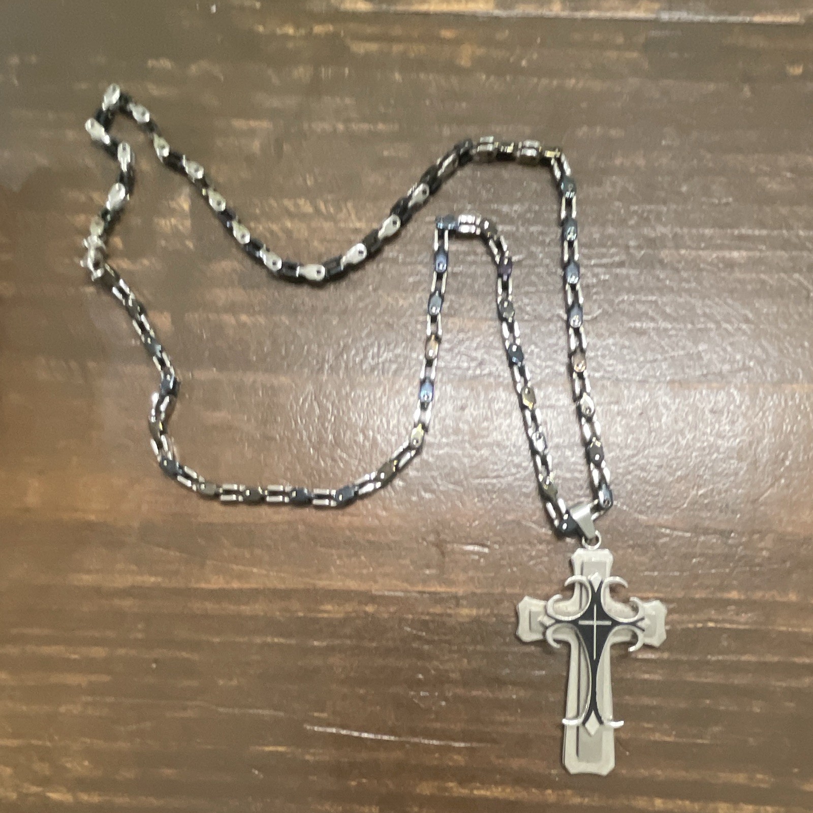 Stacked Stainless Steel Cross Necklace, Black – Silver Linked Chain Heavy Duty