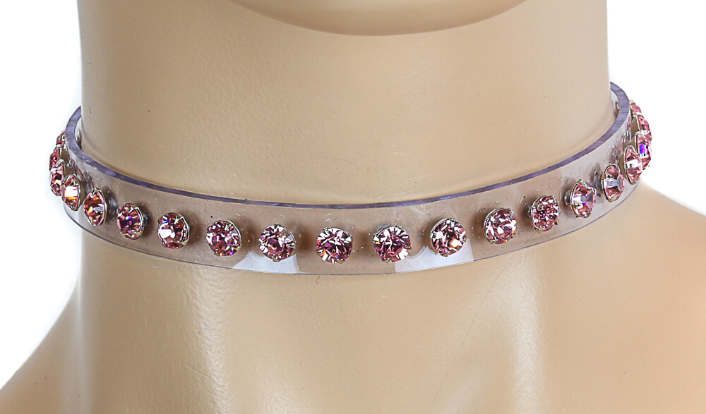 Pink Swarovski Rhinestone CLEAR Vinyl Choker Sub culture Punk Gothic Fetish