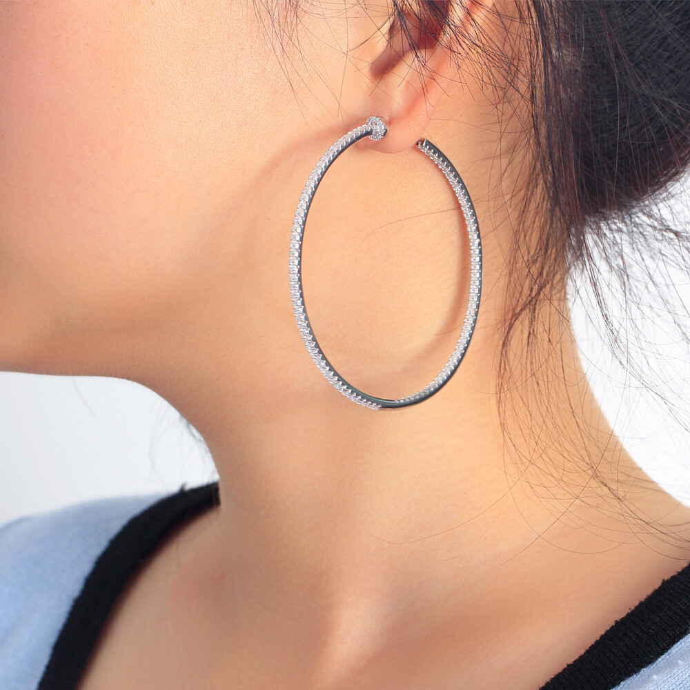 Oversize Silver Plated Cubic Zircon Big Thin Round Loop Hoop Earrings for Women