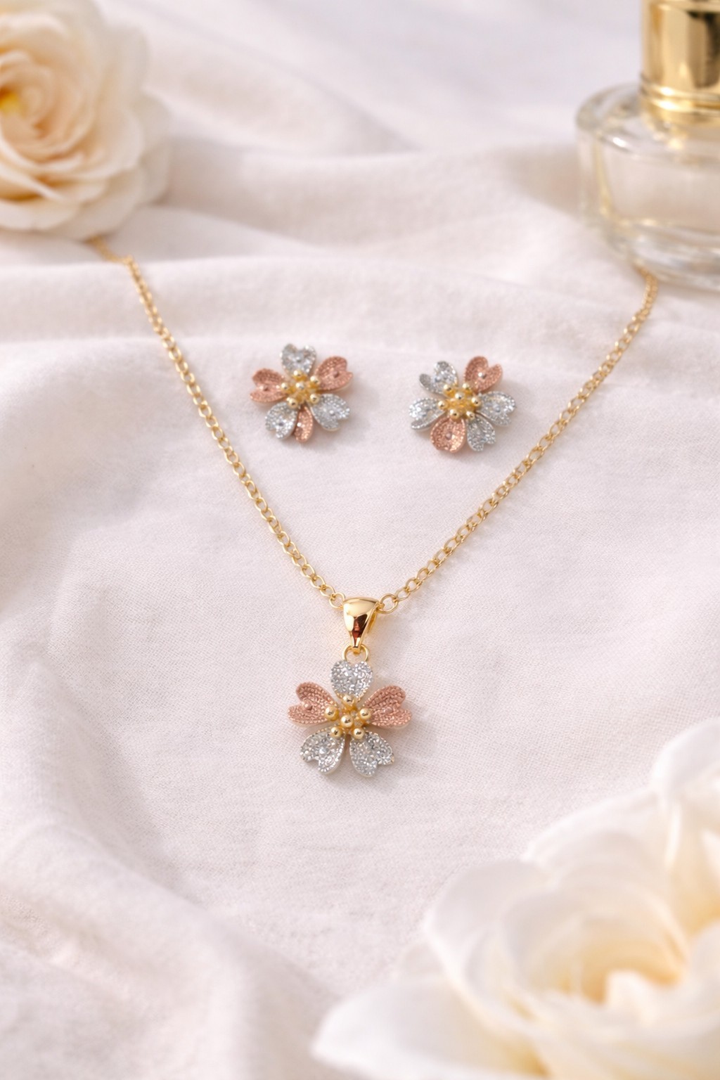 18K Gold Plated Tri-Color Flower Jewelry Set Necklace & Stud Earrings for her