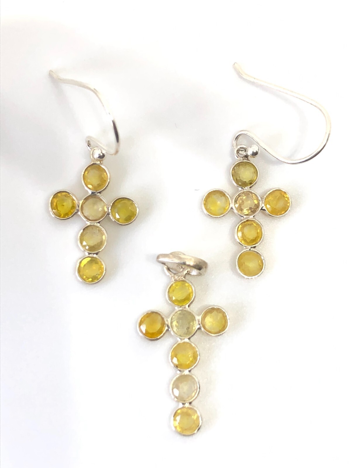 Yellow Sapphire Plain Cross Pendant Earring Silver Set,Best Christian Gifts 1015