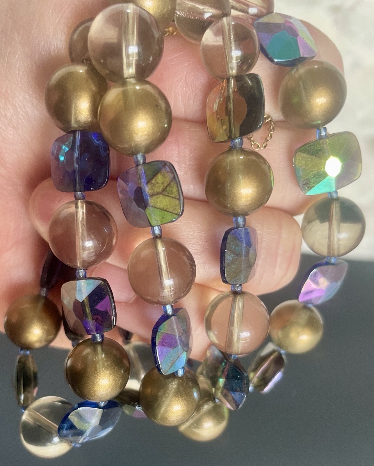 Marcella Multi-Strand Beaded Bracelet Gold Tone Clasp Round Glass AB Blue Green