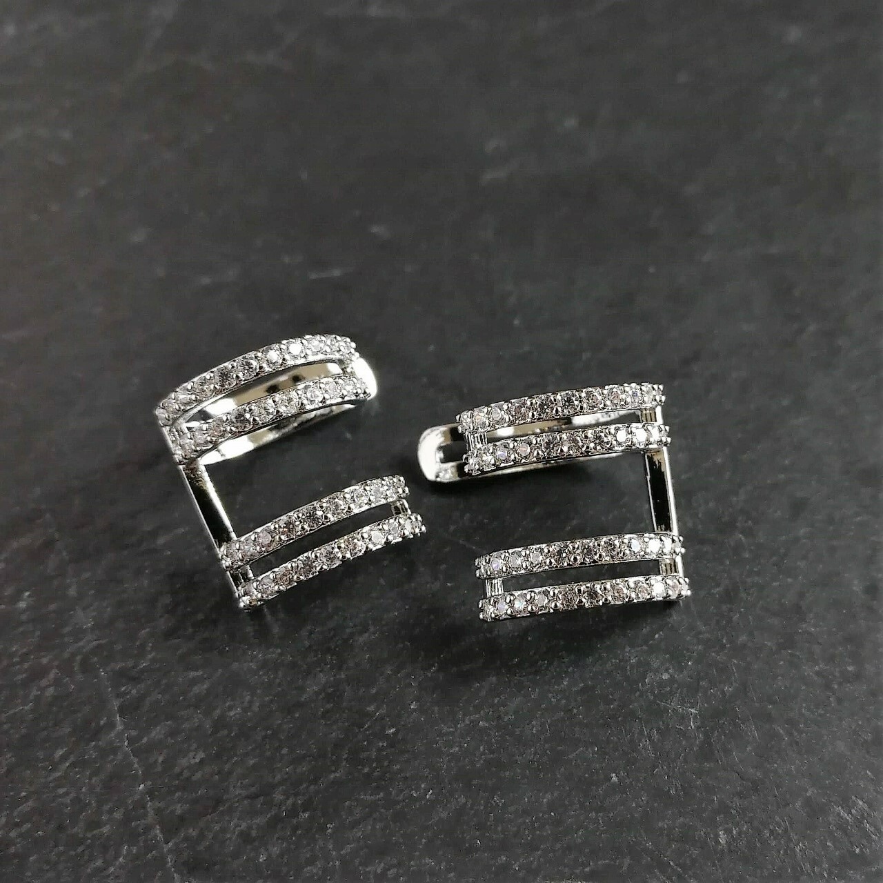Shiny Silver Tone Tiny CZ Pave U Shape Ear Cuff Non Piercing Earrings PAIR Chic