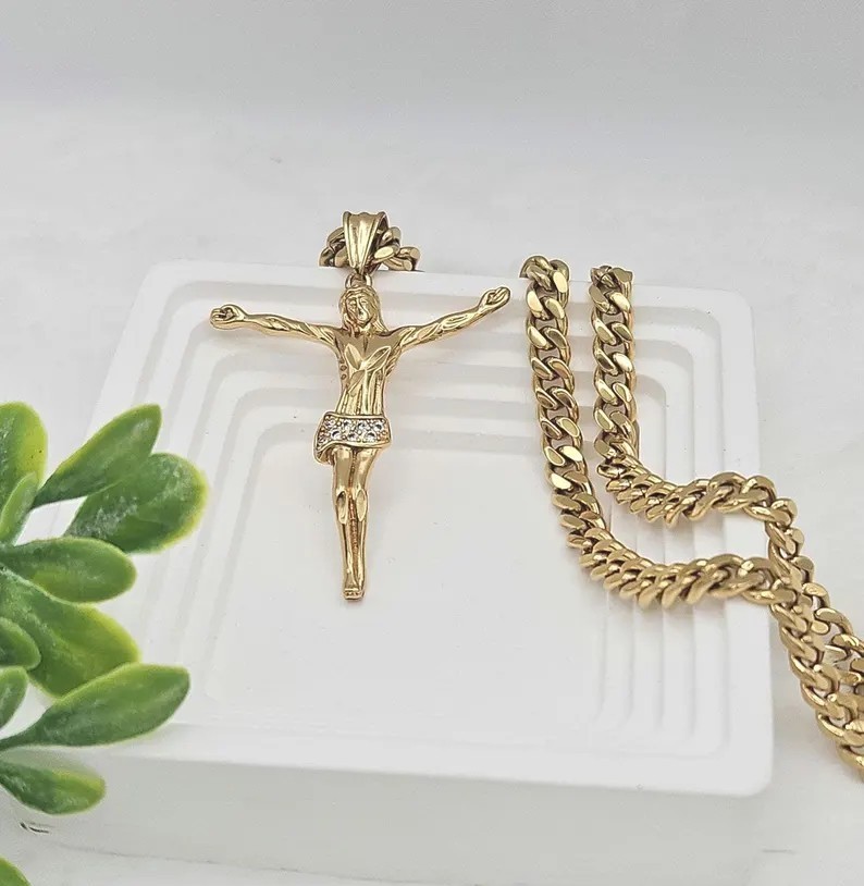 14k Heavy Plated Gold Crucifix Necklace: Men’s 7mm Cuban Link CZ Pendant