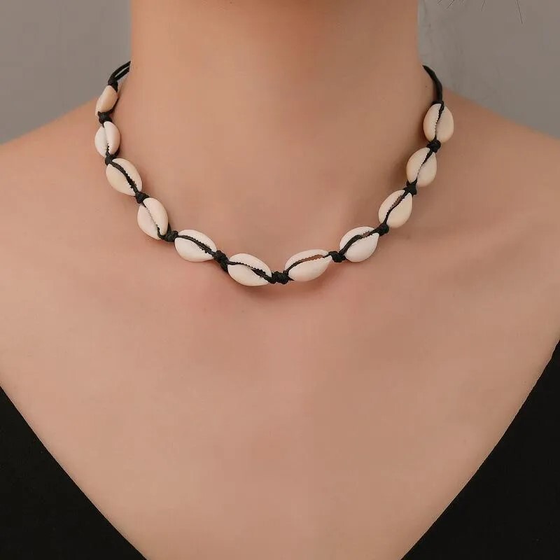 Cowrie Shell Choker Boho Black String Necklace Surfer Beach Conch Puka, Hawaiian