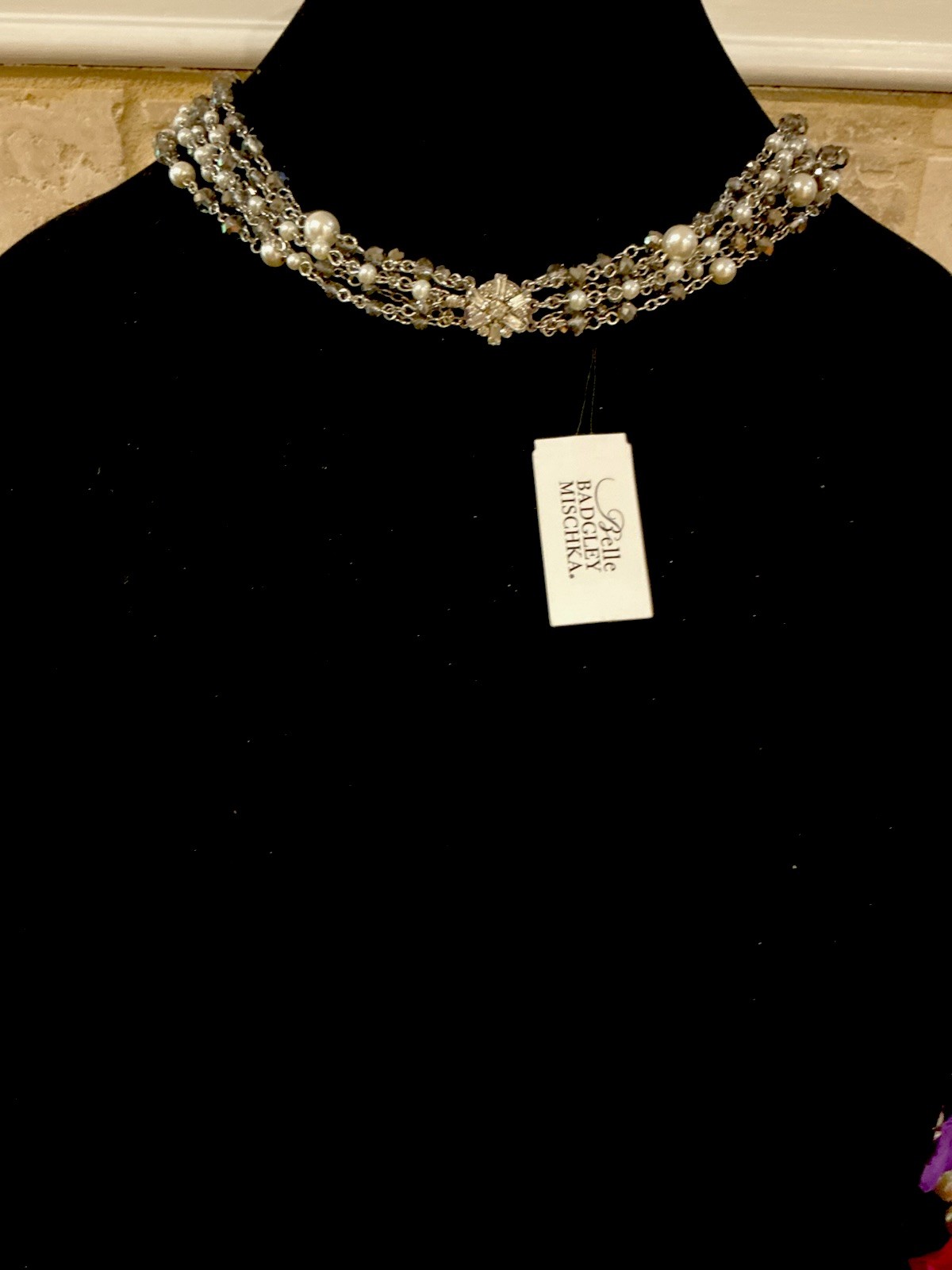 Belle Badgley Mischka Silver Crystal Pearl Statement Necklace & Earrings Set-NWT