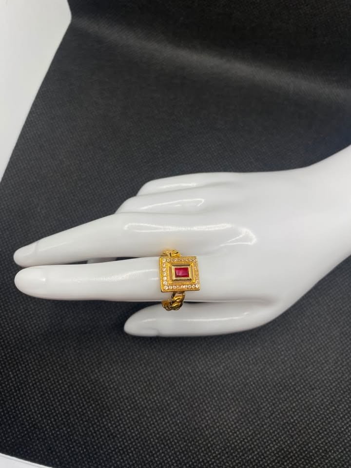 Vintage Gold Ruby Ring Square Statement Band Red Stone Cubic Zirconia Size 10