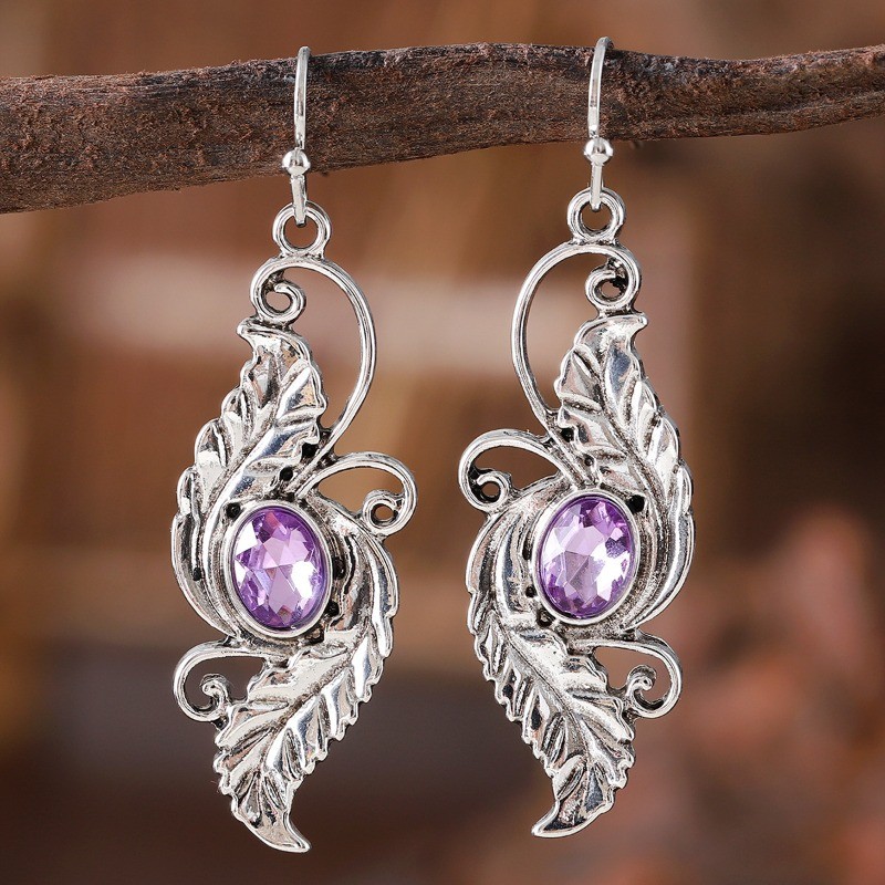 Women’s Carved Earrings Purple Artificial Crystal Pendant Earrings Zinc Alloy
