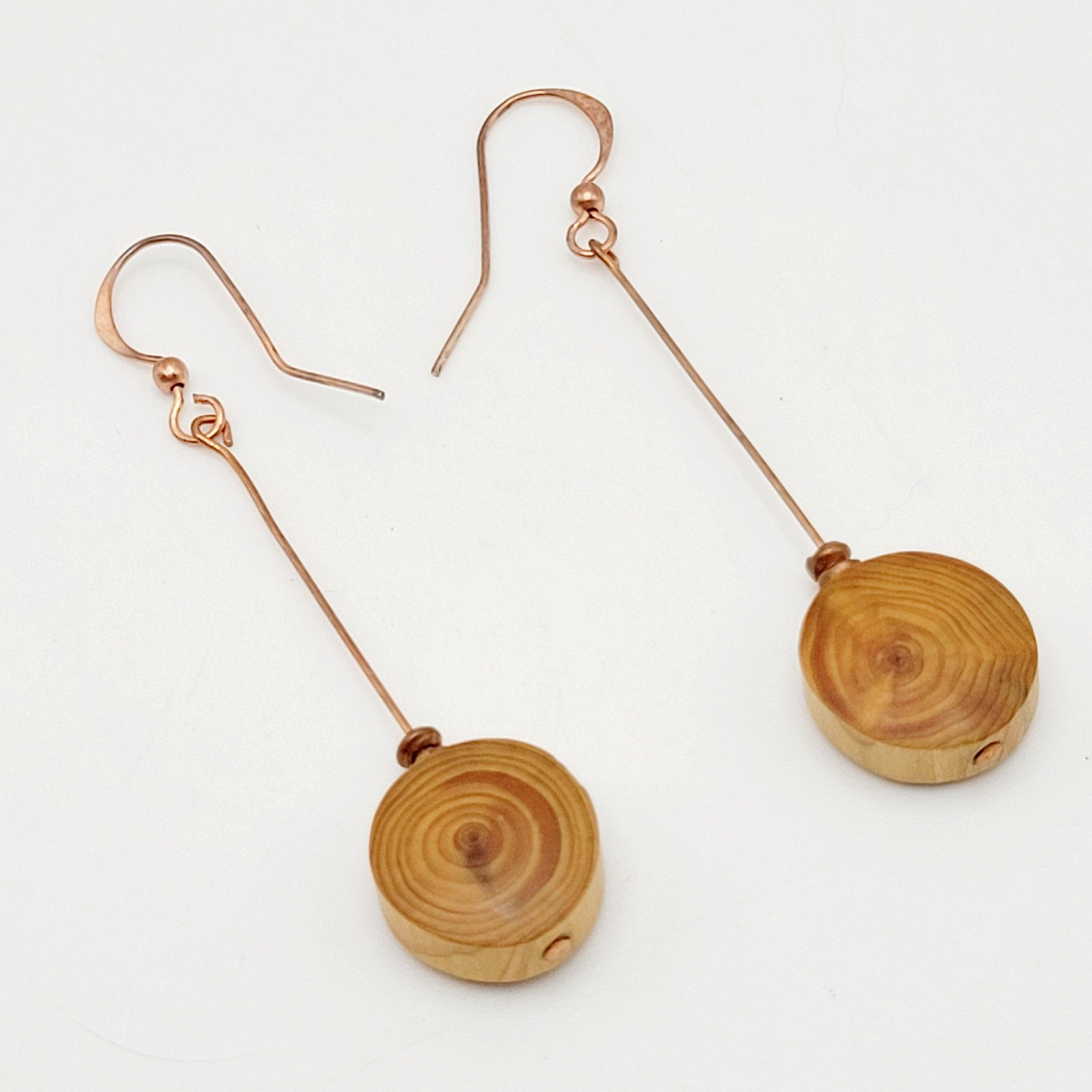 Artisan Handcrafted Round Wood Slice Drop Earrings Long Copper Wire Tree Ring