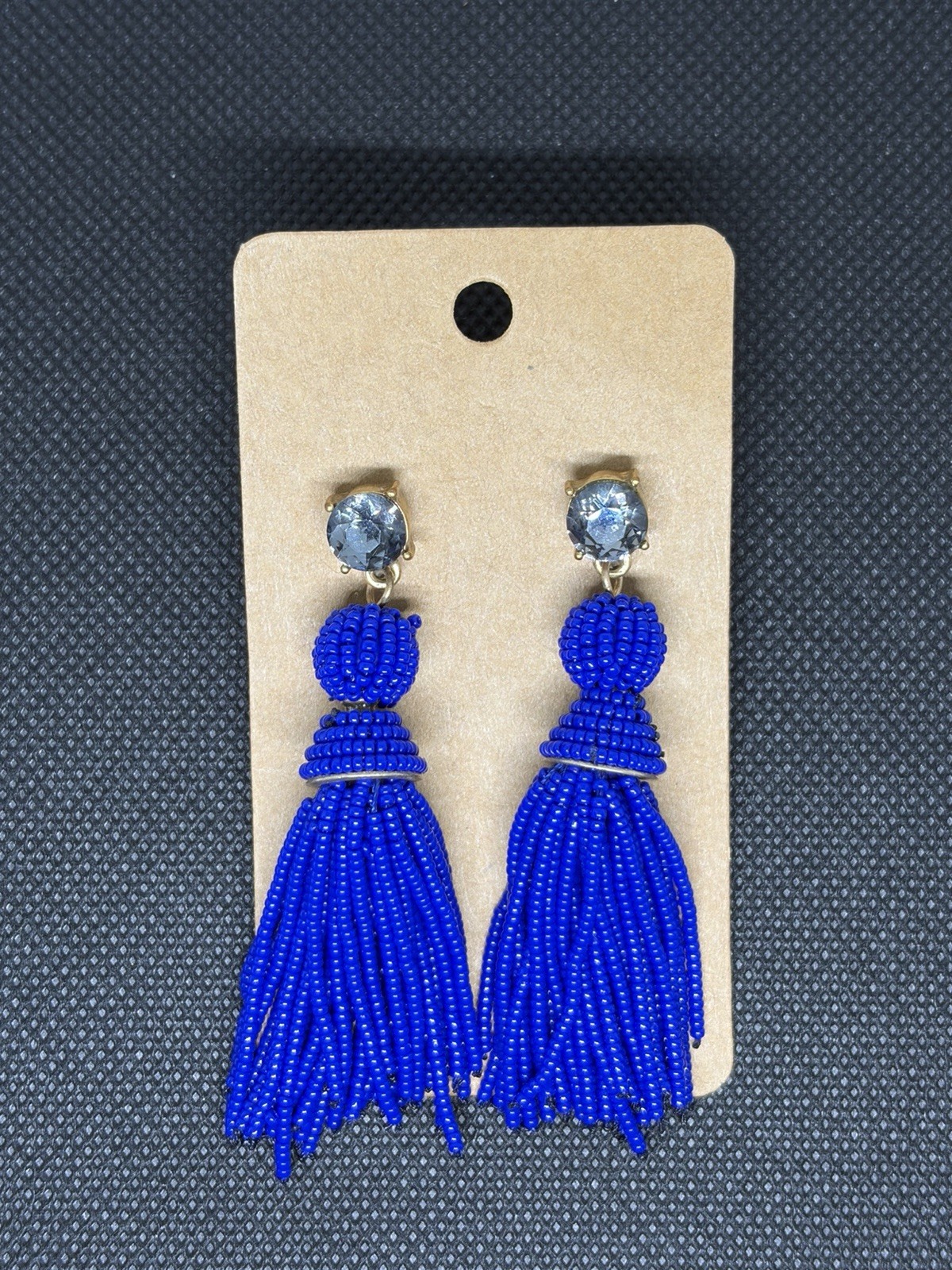 Cobalt Blue Seed Bead Tassel Drop Earrings Rhinestone Crystal Statement Boho