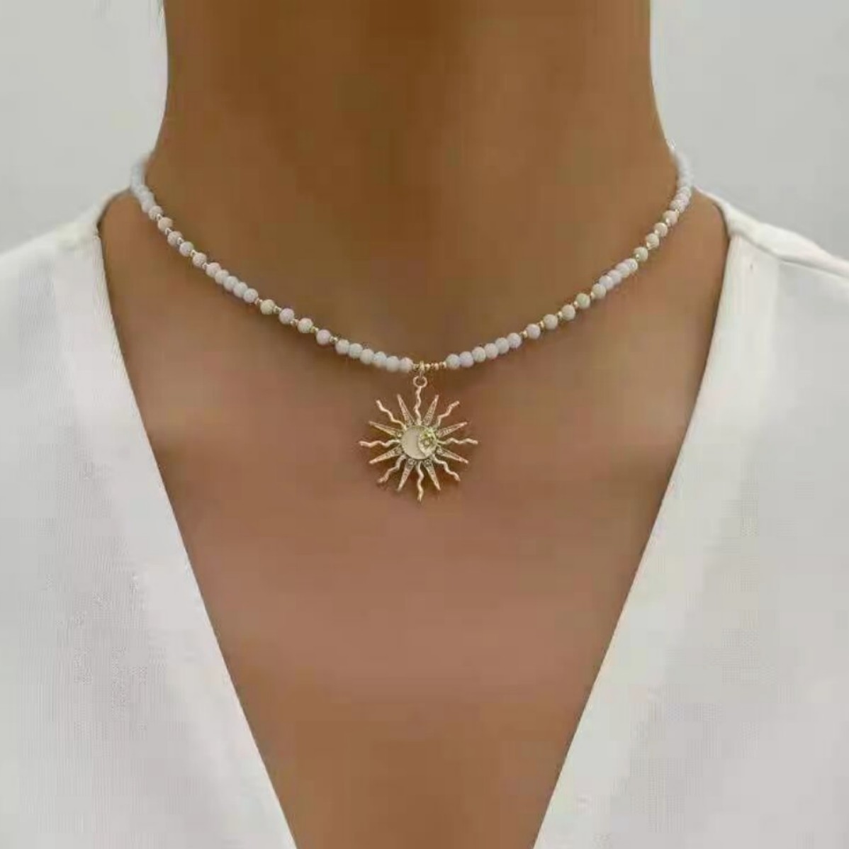 Women’s Gold Tone Wavy Sun Starburst Charm Crystal Beaded Boho Choker Necklace