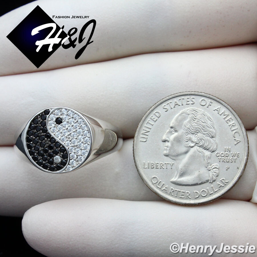 MEN 925 STERLING SILVER ICY BLING CZ YIN YANG TAIJI DIAGRAM ROUND RING*SR181