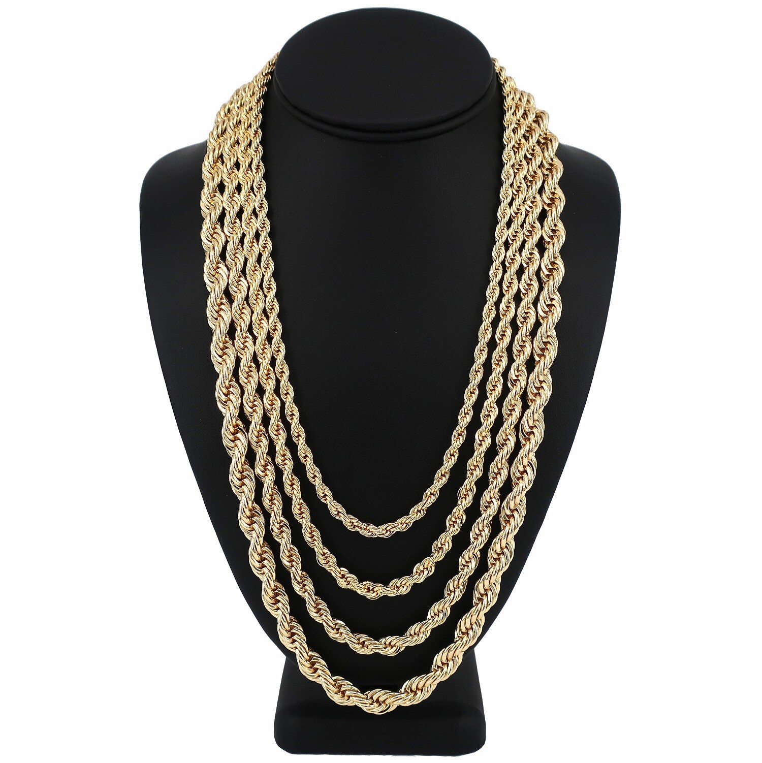 Men’s Rope Chain Necklace Bracelet 6mm 7mm 8mm 9mm Width 14K Gold Plated