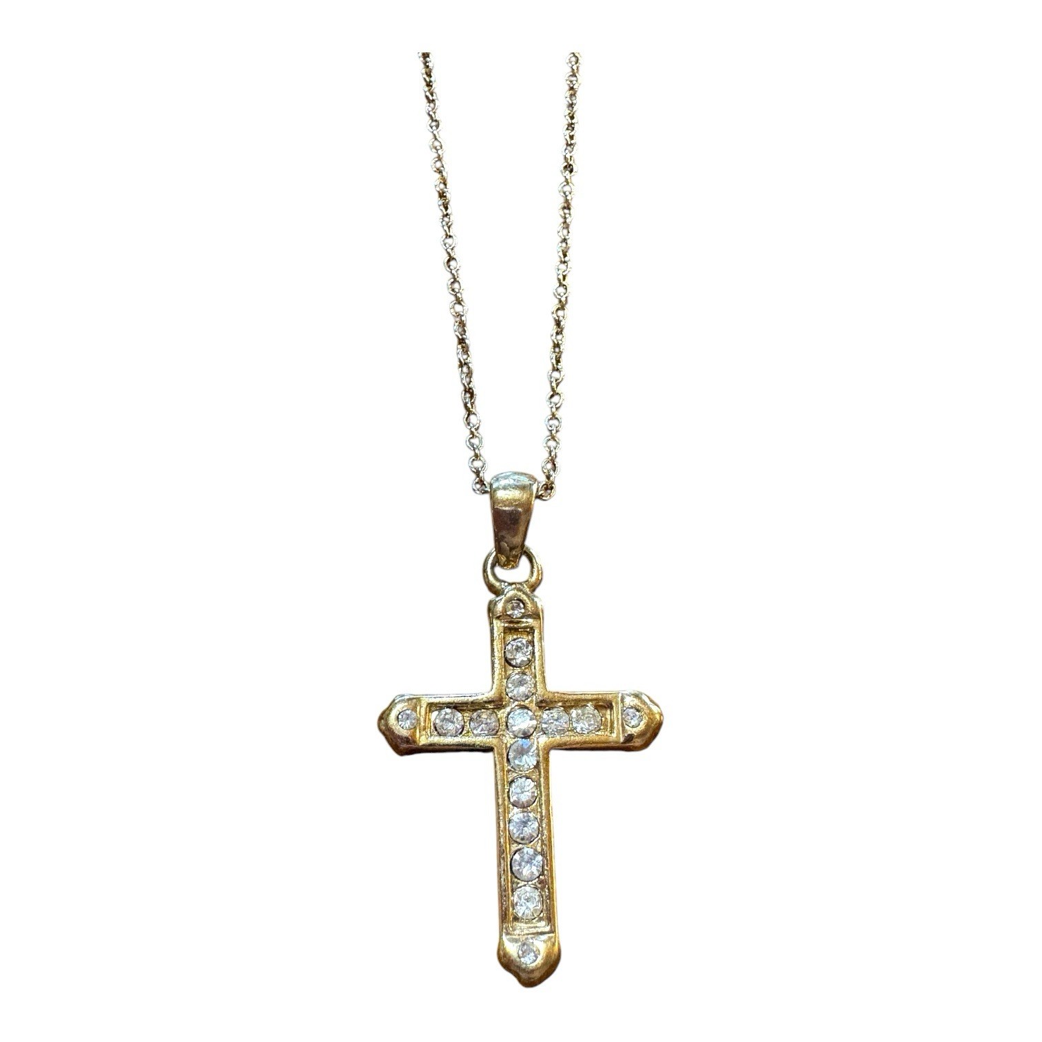 Gold Tone Cross Pendant With Clear Rhinestones Fashion Necklace Religious Faith
