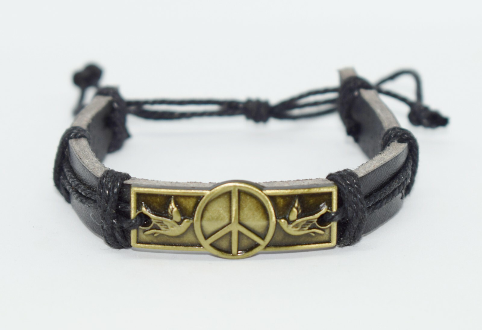 Peace bracelet black leather and waxed cotton cord with peace symbol adjustable