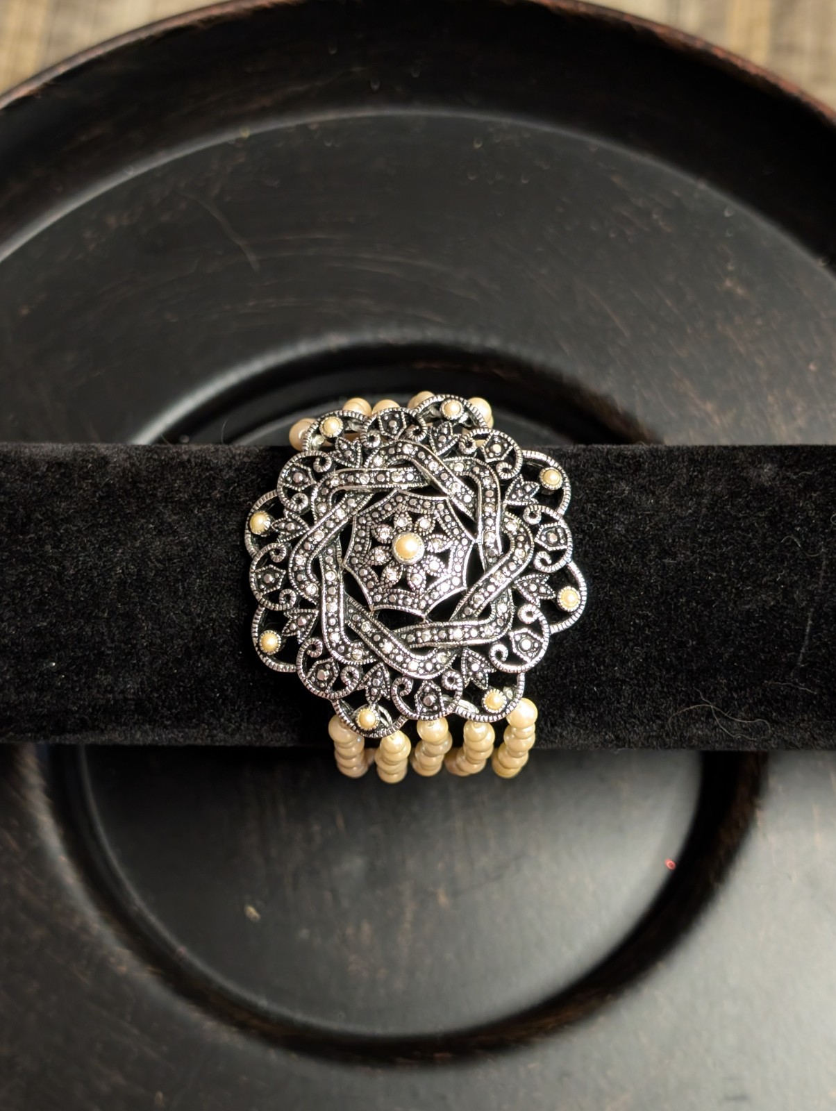 Vintage Multi-Strand Ivory Simulated Pearl Beaded Bracelet Silver Tone Box Clasp